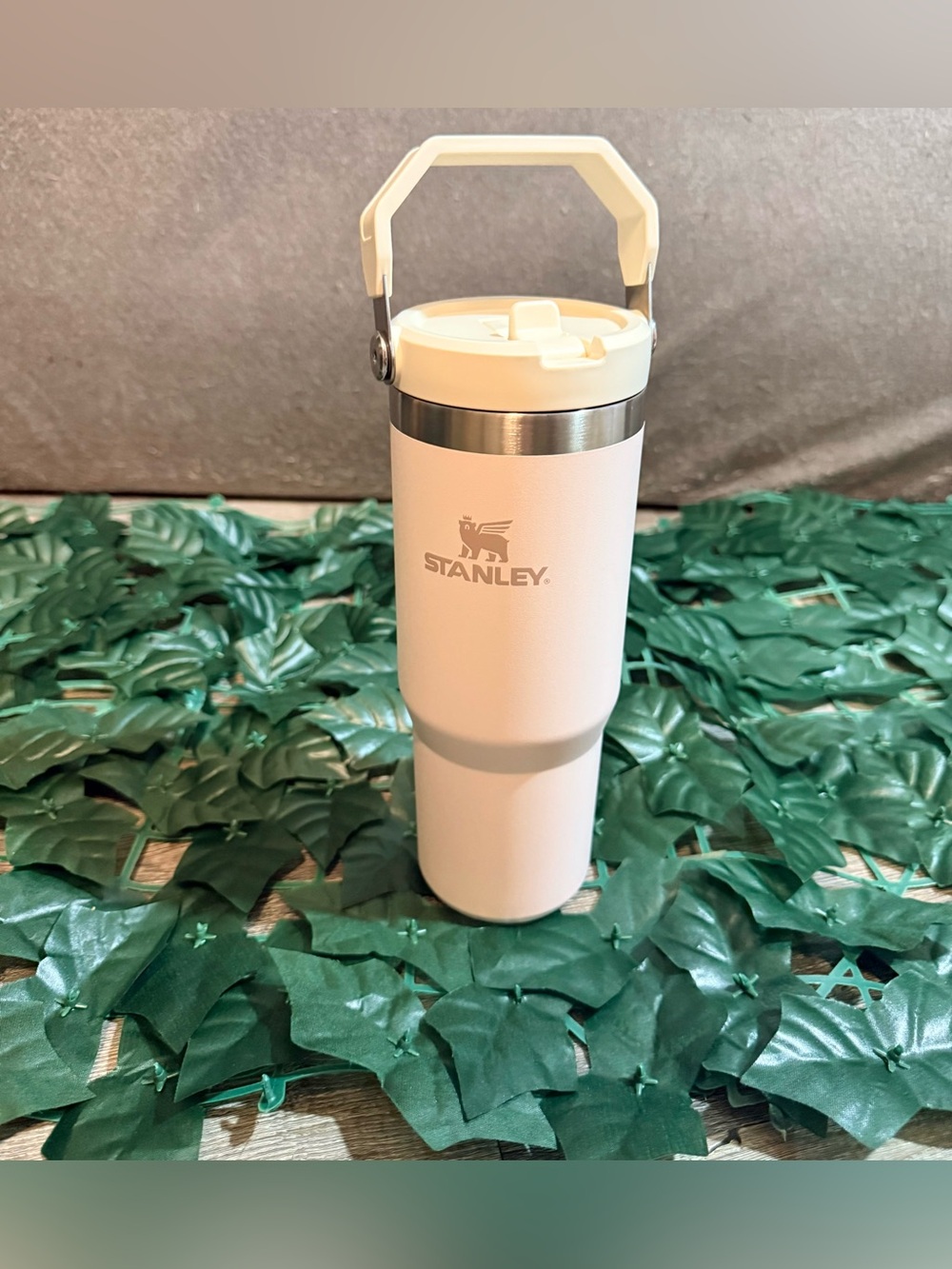 Stanley Cream White Travel Tumbler with Fold-Up Handle